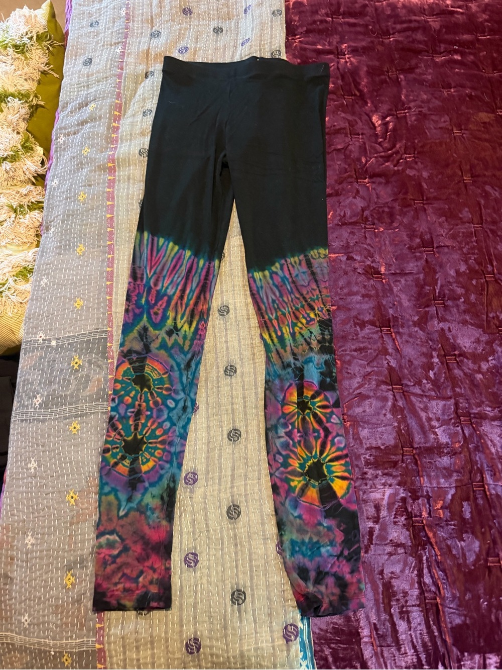 Women's Black Tie-Dye Pattern Leggings with Multicolor Ankles S-M